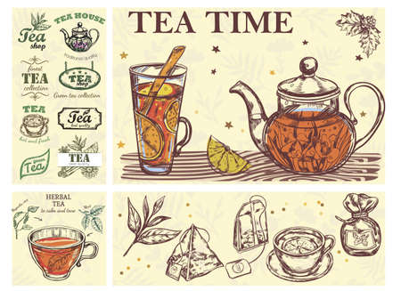 Sketch Tea Time Colorful Concept with glass cup teapot of beverage herbs bags and tea labels vector illustrationのイラスト素材