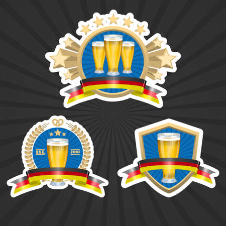 Set of labels with glasses full of beer and decorative ribbons vector illustationのイラスト素材
