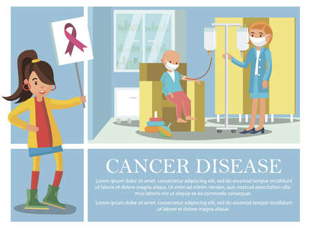 Flat cancer disease composition with kid receiving oncological illness medical treatment and young woman holding sign with pink ribbon vector illustrationのイラスト素材