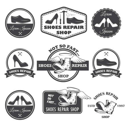 Set of vintage shoes repair labels, emblems and designed elements.のイラスト素材