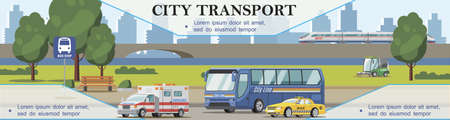 Flat city transport background with ambulance taxi cars bus sweeper and train moving on bridge vector illustrationのイラスト素材