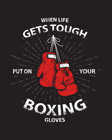 Grunge boxing motivation poster and print with boxing gloves, text, sunburst and grunge texture.のイラスト素材