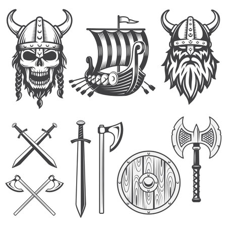 Set of monochrome viking elements isolated on white backgroundのイラスト素材