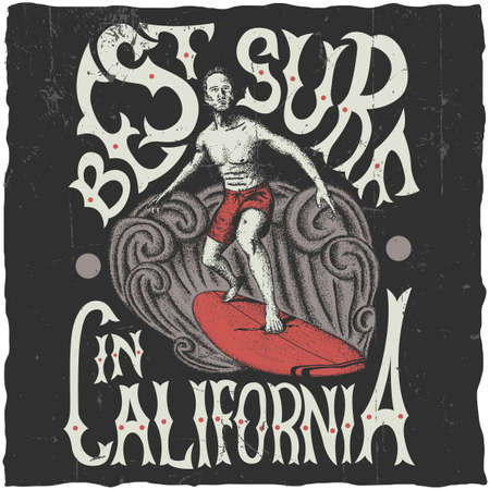 Best surfing in california poster with surfer on board vector illustrationのイラスト素材