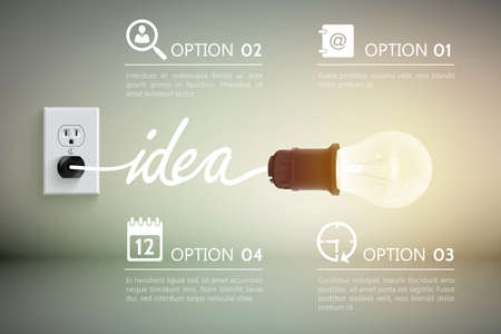 Conceptual background with incandescent lamp connected to power socket with word idea and decorative...