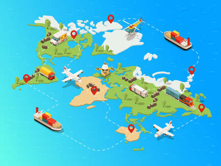 Isometric global logistic network template with truck ship airplane helicopter drone train transporting different goods vector illustrationのイラスト素材