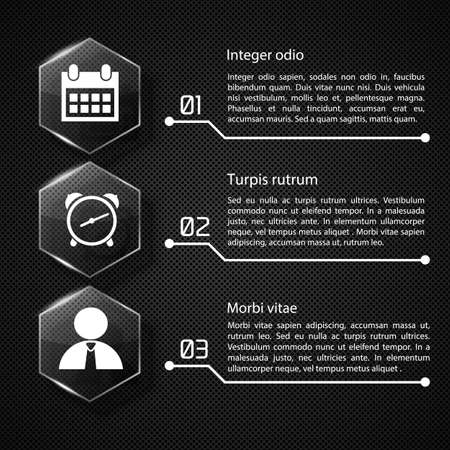 Web infographic concept with text glass hexagons white icons three options on dark netting background vector illustrationのイラスト素材