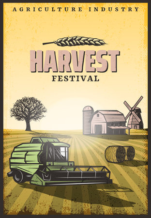 Vintage colored harvesting poster with inscription combine hay bales barn windmill and tree on field vector illustrationのイラスト素材
