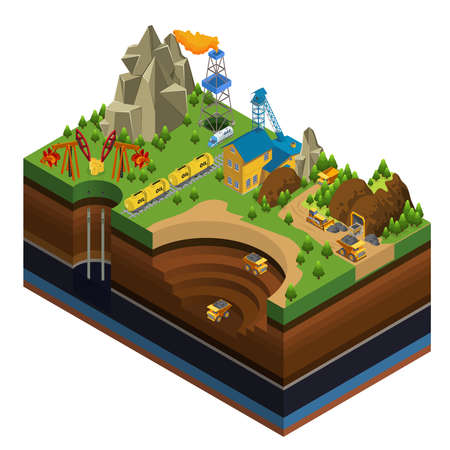 Isometric oil and mining industry concept with derricks gas rig rail gasoline tankers dump trucks working in quarry vector illustrationのイラスト素材