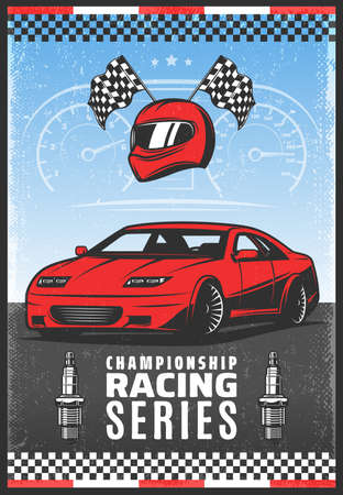 Vintage colored sport car racing poster with inscription fast automobile crossed finish flags helmet spark plugs vector illustrationのイラスト素材