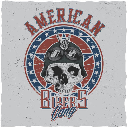 American bikers gang poster design with skull in motorcycle helmet or bandanna vector illustrationのイラスト素材