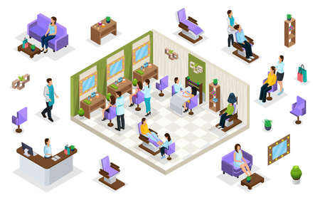 Isometric people in beauty salon concept with reception hair care pedicure manicure procedures furniture interior elements isolated vector illustrationのイラスト素材