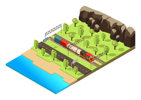 Isometric railroad transportation concept with freight train or locomotive moving through forest isolated vector illustrationのイラスト素材