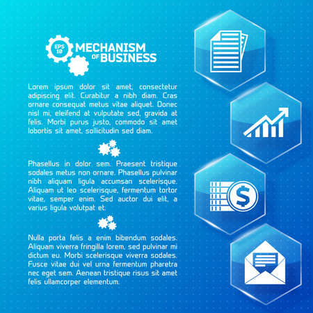 Abstract business infographics with text glass light hexagons and white icons on blue dotted background vector illustrationのイラスト素材