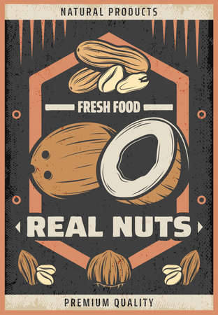 Vintage colored natural fresh nuts poster with inscription coconut peanut almond and hazelnut vector illustrationのイラスト素材