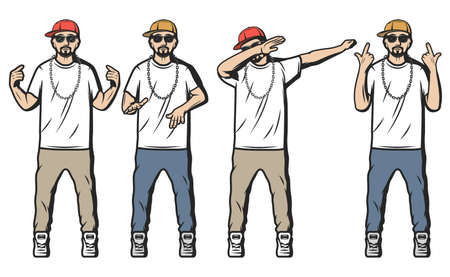 Vintage colored rappers set with bearded guys dressed in hip hop style and showing different rap gestures isolated vector illustrationのイラスト素材