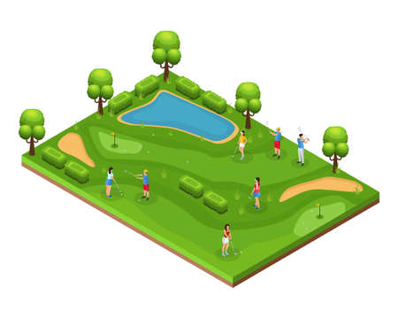 Isometric golf course concept with golfers playing on field flags holes green lawn trees and pond vector illustrationのイラスト素材