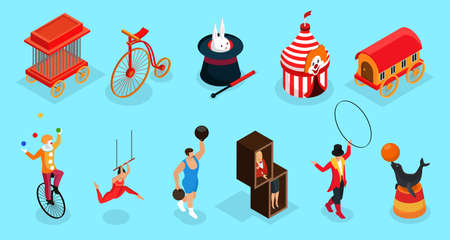 Isometric circus elements collection with cage bicycle trained animals tricks marquee trailer clown acrobat trainer illusionist isolated vector illustrationのイラスト素材