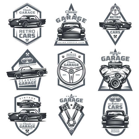 Retro vehicle club emblems set with classic automobiles steering wheel motor engine pistons in vintage style isolated vector illustrationのイラスト素材
