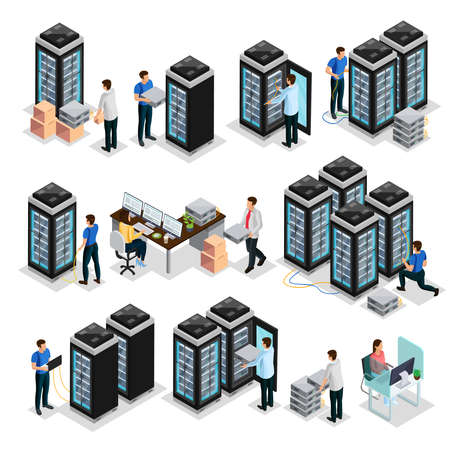 Isometric data center collection with engineers repair and  maintain hosting servers equipment isolated vector illustrationのイラスト素材