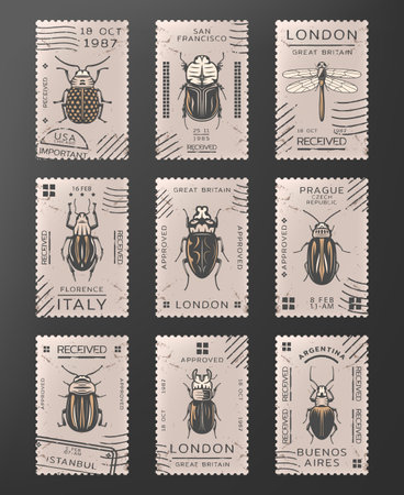 Vintage colored insects stamps set with dragonfly different types of bugs and beetles isolated vector illustrationのイラスト素材