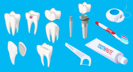 Isometric dental elements set with sick and healthy teeth implants toothpaste scraper toothbrush...