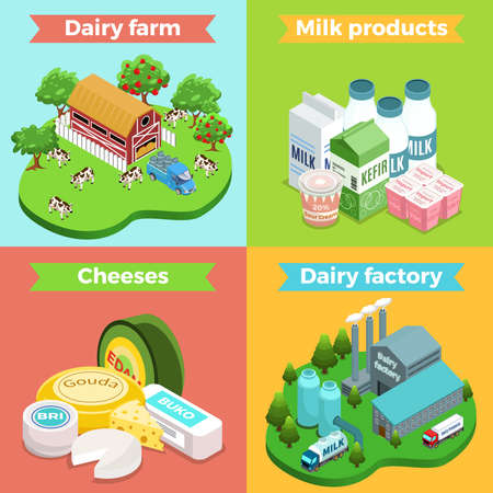 Isometric dairy factory square concept with farm plant milk cheese yogurt kefir sour cream products isolated vector illustrationのイラスト素材