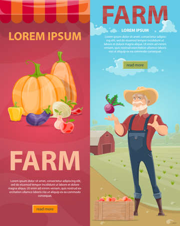 Light farming vertical banners with natural vegetables fruits and bearded farmer on green field landscape vector illustrationのイラスト素材
