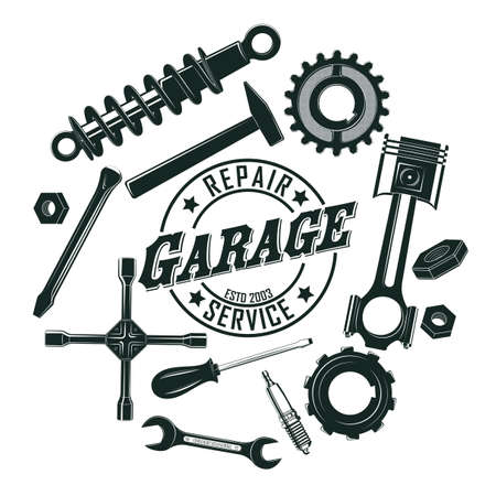 Monochrome vintage garage tools round concept with mechanic and repair equipment isolated vector illustrationのイラスト素材