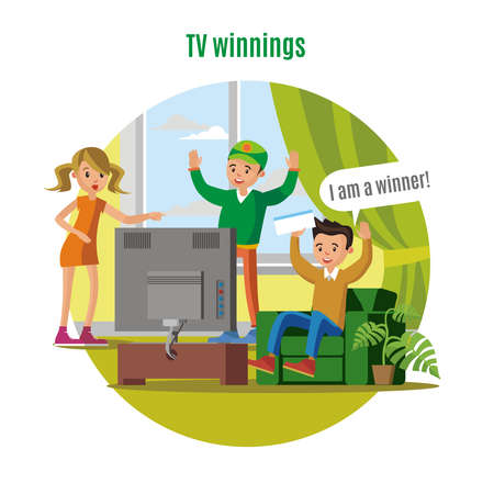 Tv Lottery Win Concept With Winner Sitting In Front Of Television And Holding Happy Ticket Vector Illustrationのイラスト 素材 ストックフォト 写真素材のstock Foto ストックドットフォト