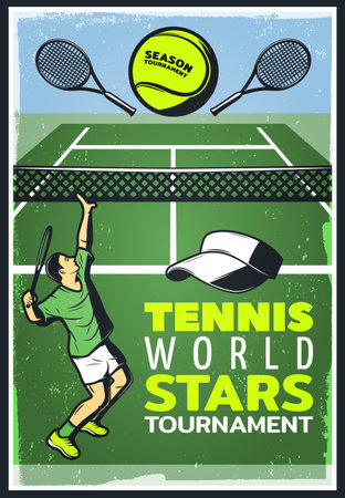 Colored vintage tennis championship poster with rackets ball cap serving player on green open court vector illustrationのイラスト素材