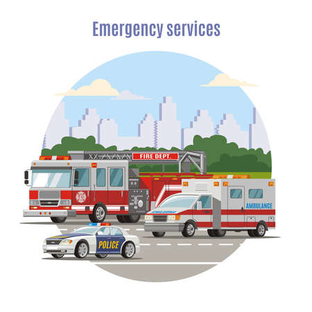 Colorful emergency city transport concept with fire engine ambulance and police cars on road vector illustrationのイラスト素材