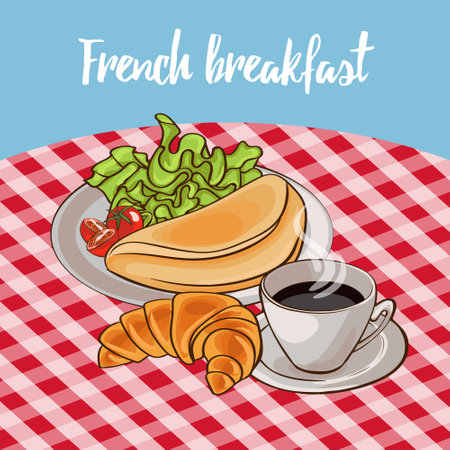 French breakfast poster with cup of black coffee croissant and omelettes plate on table vector illustrationのイラスト素材