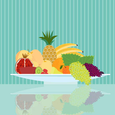Flat natural food concept with healthy ripe fruits on plate and reflection on striped background vector illustrationのイラスト素材
