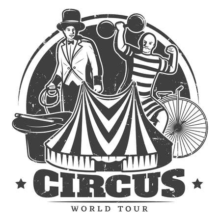 Monochrome vintage circus template with inscription trainer strongman unicycle marquee magic wand and hat vector illustrationのイラスト素材