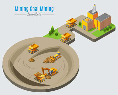 Isometric coal mining concept with factory and dump trucks bulldozer excavator working in quarry isolated vector illustrationのイラスト素材