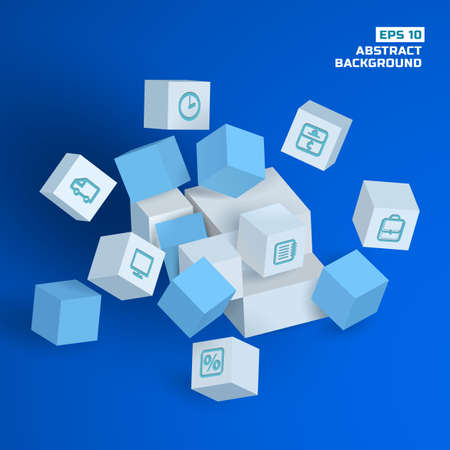 Abstract geometric template with 3d cubes business icons on blue background isolated vector illustrationのイラスト素材