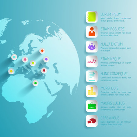 Travel abstract infographics with squares colorful icons pins on light blue globe vector illustrationのイラスト素材