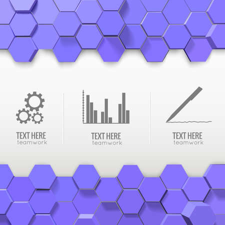 Infographics with monochrome business icons and decorations from blue 3d hexagons on white background vector illustrationのイラスト素材