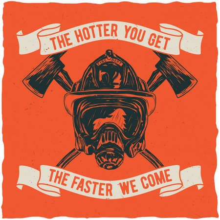Firefighter t-shirt label design with illustration of helmet with Crossed Axesのイラスト素材