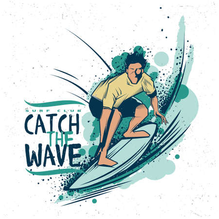 Surfing t-shirt label design with illustration of surfing manのイラスト素材