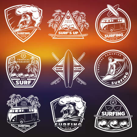 Vintage white surfing labels set with surfers surfboards palms bus water waves sunglasses on blurred background isolated vector illustrationのイラスト素材