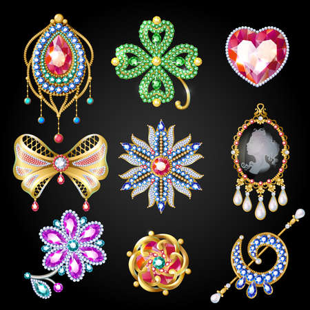 Cartoon colorful beautiful jewelry collection of glossy brooches with nice gems and jewels isolated vector illustrationのイラスト素材
