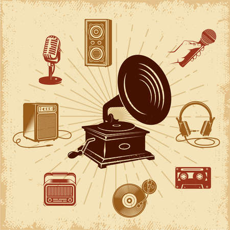 Karaoke vintage composition with black gramophone in rays and retro audio equipment on grunge background vector illustrationのイラスト素材