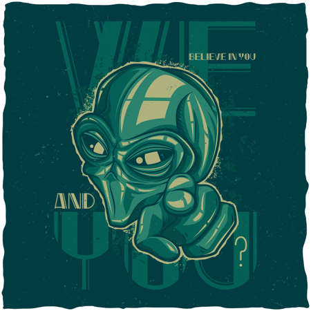 UFO t-shirt label design with illustration of alien