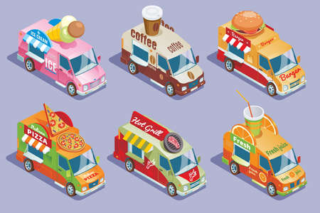 Isometric food trucks collection for sale and delivery of ice cream coffee burgers pizzaのイラスト素材