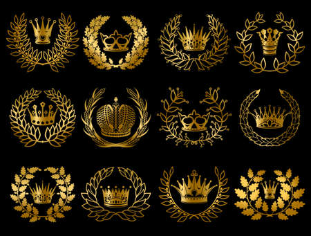 Beautiful gold wreathes set with wheat ears oak laurel olive branches and royal crowns isolated vector illustrationのイラスト素材