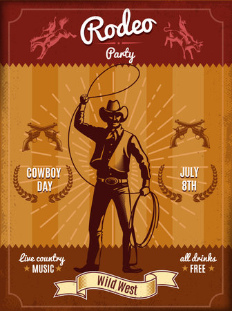 Vintage rodeo poster with cowboy throwing lasso and wild west elementsのイラスト素材