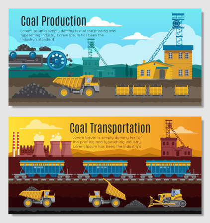 Two mining industry horizontal banners set with coal extractingのイラスト素材