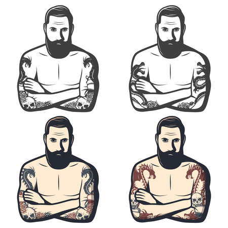 Vintage dragon tattoos set with mythological monsters skull flowers on arms of bearded man in different colors isolated vector illustrationのイラスト素材